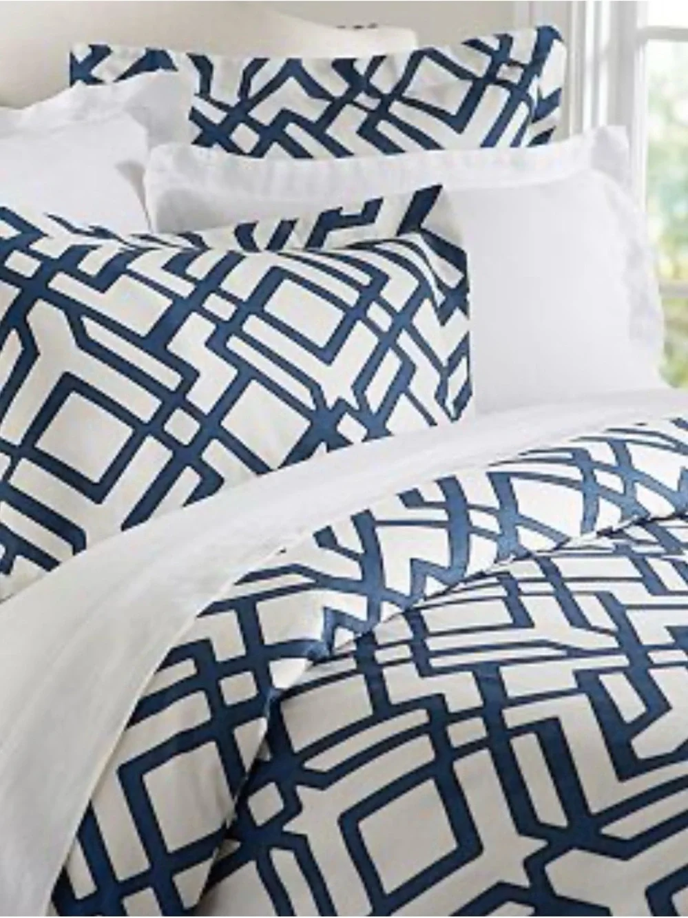 Pottery Barn Duvet Cover Linen Cotton Blend Shelby Geo White Blue Full/Queen